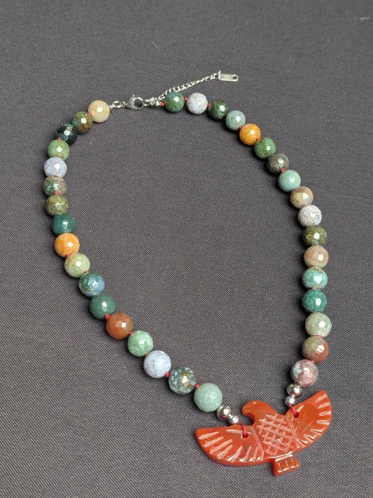 Collier aigle en agate indienne et cornaline