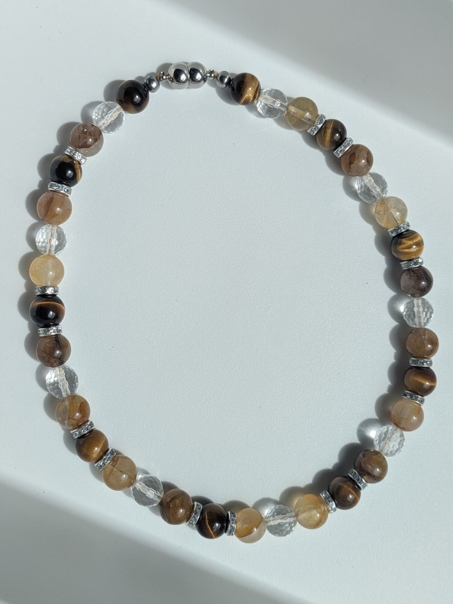 Collier quartz hematoide jaune, œil de tigre et cristal de roche
