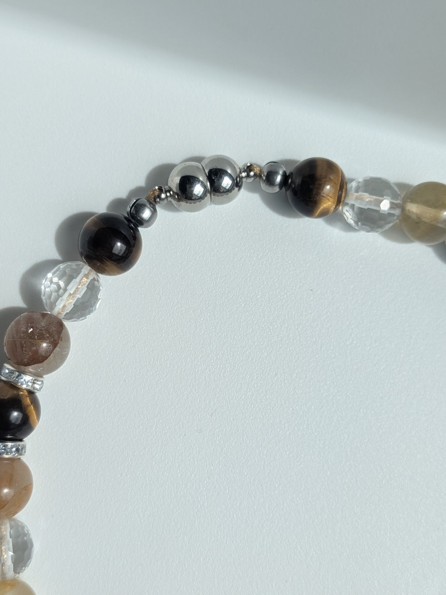 Collier quartz hematoide jaune, œil de tigre et cristal de roche