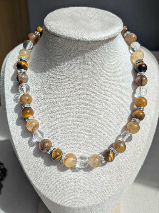 Collier quartz hematoide jaune, œil de tigre et cristal de roche