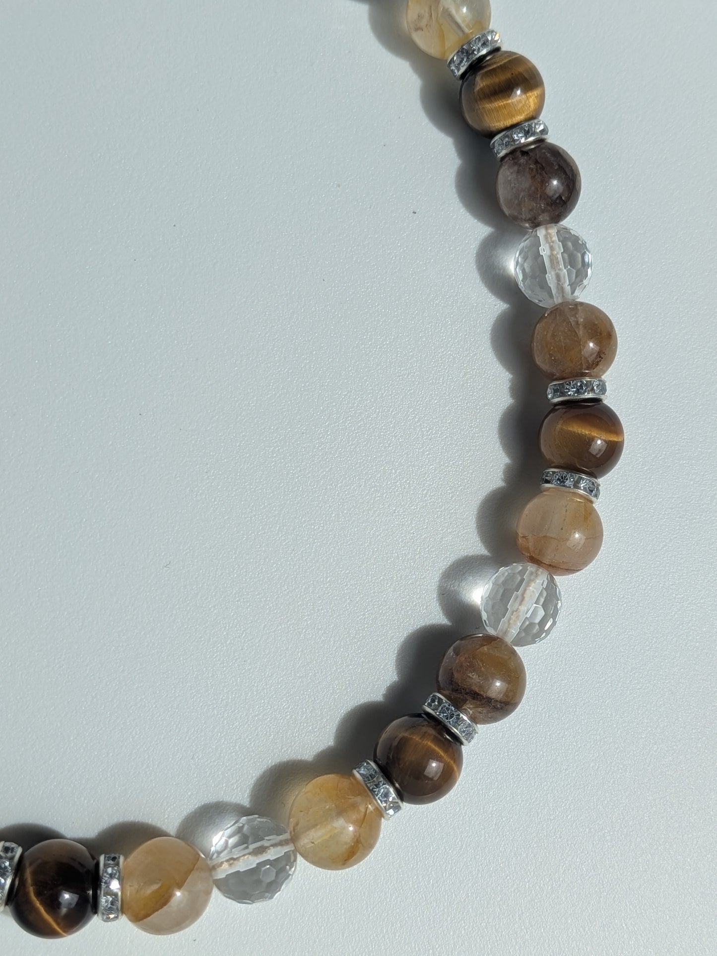 Collier quartz hematoide jaune, œil de tigre et cristal de roche