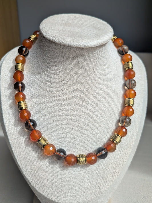 Collier cornaline et quartz fumé